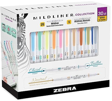 Zebra Pen Mildliner Double-Ended Highlighter Set, Broad and Fine Point Tips, Ideal for Bible Highlighting, No Bleed, 30 Pastel and Neutral ink Colors, Pack of 30