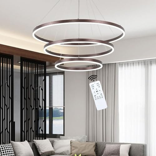 LIUYU LED Pendelleuchte Ringe Braun Dimmbar mit Fernbedienung 106W 3 Ring 40+60+80cm, Wohnzimmerlampe Hängend Höhenverstellbar, für Restaurants, Esstisch und Büros