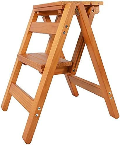 AAMNA Indoor-Kletterhocker, klappbare 2-Stufen-Tritthocker-Leiter, Haushaltstreppen-Esszimmerstuhl aus Holz für/Erwachsene, Hausgarten-Werkzeug/Schwarz (Weiß) (Natur R)