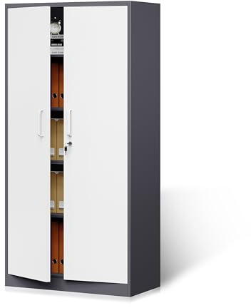 Aktenschrank Aufbewahrungsschrank mit Schloss Stahlschrank Stahlspind Mehrzweckschrank Metallschrank mit 2 Türen für Büro Haus Garage Fitnessstudio Schule 170X78X39cm Grau Weiß