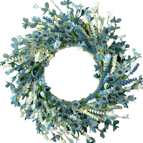 CIR OASES 20 Inch Spring Wreath Blue with Green Leaves Daisy Artificial Grains White Flower for Front Door Wreath,Farmhouse Decor Indoor&Outdoor Wedding Wall Home