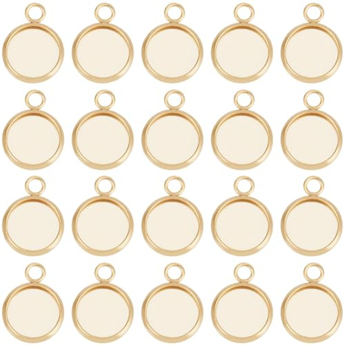 Beebeecraft 1 Box 40 Stück 10 Mm Cabochon Fassungs Charms Aus 24K Vergoldetem Edelstahl Mit Glattem Rand Und Lünettenbechern Flacher Runder Rückseiten Charm Für DIY Schmuckherstellung