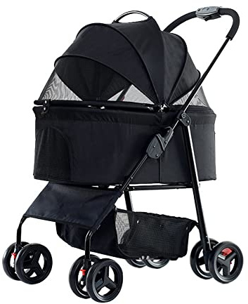 Hundewagen Abnehmbarer Haustiere Buggy 4 Rollen Hundebuggy Faltbar Jogger Buggy Mit Netzfenstern Katzenbuggy Für Kleine Hunde Katzen Tragkraft Bis Zu 15 Kg (Color : Black 2)