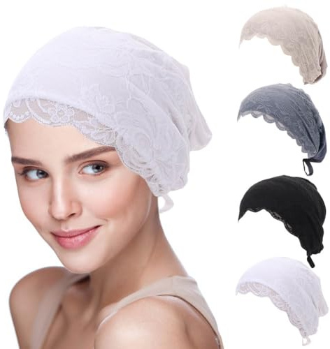 4 gorros interiores de encaje para mujer para hiyab musulmán islámico, color sólido, cubierta completa, de algodón, elástica, con cierre de lazo en la espalda, debajo de la bufanda, sombrero, gorro,