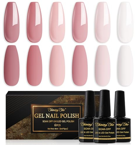 Shining She 6 * 8ml UV/LED Soak Off Gel Nail Polish Pink White Manicure DIY | 6 Colours Soft Pink Milky White nail varnish Set All Seasons Gel Polish Set for Nail Art Manicure Salon DIY at Home