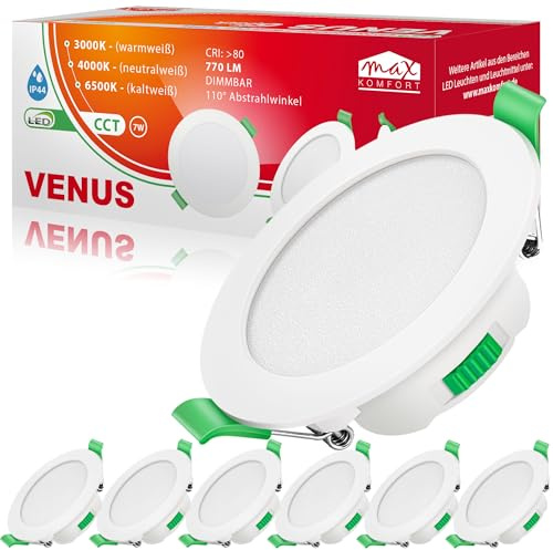 Maxkomfort LED Einbaustrahler flach 7W Dimmbar Bad weiß VENUS | IP44, 110°, 770 Lumen, 68mm| Warmweiß Neutralweiß Kaltweiß | Einbauspot, Deckenstrahler Deckenspot 6er SET