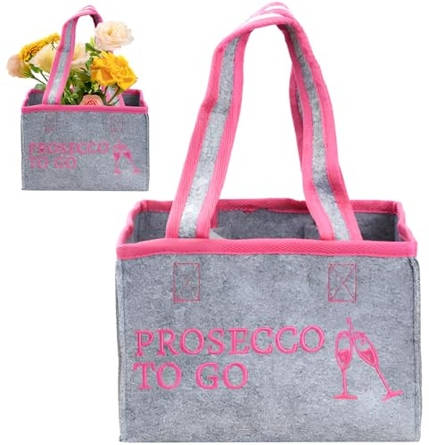 Rapidbok Damen Handtasche Flaschenkorb, Filztasche für 6 Flaschen, Flaschentasche In Grau und Pink, mit Seperate Trennwand, für Champagner Bierdosen Cocktailflaschen Getränkedosen - 22x15x15cm