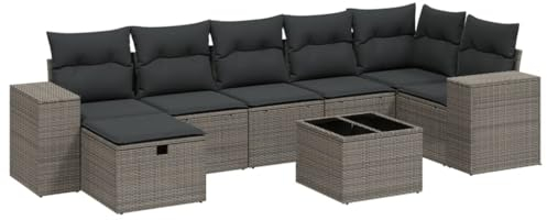 vidaXL Garten Sofagarnitur mit Kissen 8-TLG., Gartenmöbel Gartengarnitur, Sitzgruppe Sitzgarnitur, Lounge Sofa Garnitur Terrasse, Hellgrau Poly Rattan