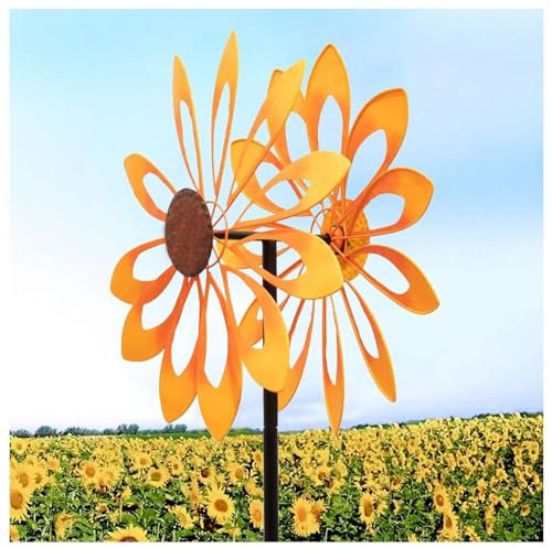 Sonnenblume Windrad Blume Doppelwindrad mit gegenläufigen Rotoren,174CM, Sonnenblumen Doppelschicht Windrad Familie, Freunde Und Bekannte,Yellow
