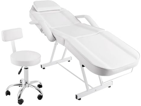 YJFEDCC Weiße Massageliege Mit Hocker, Gesichtsstuhl Für Kosmetikerin Bett Verstellbar, Massageliege Für Schönheitssalon,Weiß