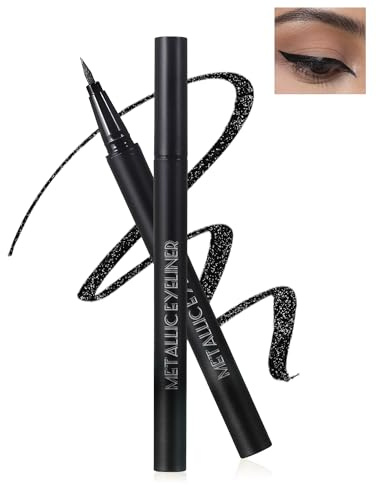 Schwarz Metallic Glitter Liquid Eyeliner für Frauen, Wasserfest Langlebige | Diamond Glitzer Eyeliner Stift Bunt, Ultrafeine Spitze, Wischfest Hochpigmentiert Kajalstift Halloween Weihnachten Make-up