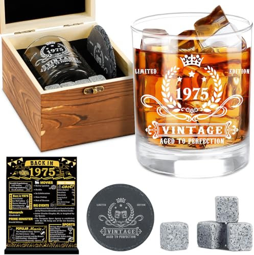 Amosking 50th Birthday Gifts for Men,Vintage 1976 Whiskey Glass Set,Wood Box & Whiskey Stones & 1976 Poster Anniversary Card & Coaster,Birthday Gifts Ideas for Him,Husband,Dad