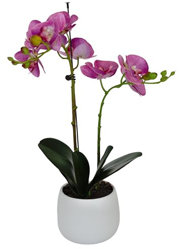 Elegant Double Stem Purple Real Touch Artificial Potted Orchid (46cm) in Round White Ceramic Pot