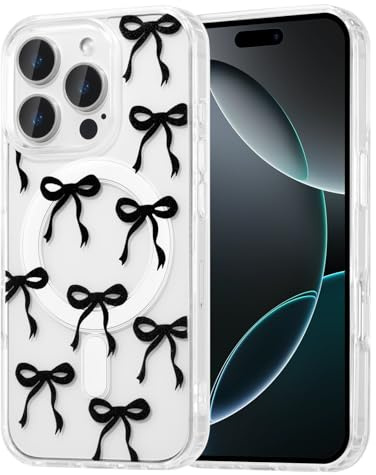 UEEBAI Magnetisch Hülle für iPhone 13 Pro Max, Schwarz | Schleife Transparente Handyhülle mit Kabelloses Laden, Kameraschutz Anti-Vergilbung Schutzhülle, Stoßfeste Bumper Cover Case