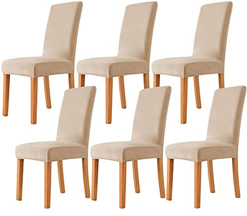 Stretchhussen für Esszimmerstühle, maschinenwaschbar, für Wohnzimmer und Schlafzimmer, Beige, Grau, 6 Stück