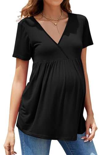 hohololo T-shirt de maternité à manches courtes et col en V pour femmes enceintes, Noir1, L
