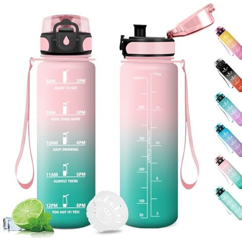 KollyKolla Trinkflasche 500ml, Wasserflasche Auslaufsicher, Sport Trinkflasche Kohlensäure Geeignet, Fahrrad mit Zeitmarkierung und Filter, für Kinder, Outdoor, Camping, Büro, Sport, Fitness