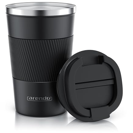 Arendo - Thermobecher to go – Edelstahl Kaffeebecher Thermo mit Deckel – Reisebecher – 350 ml – 100% auslaufsicher – Einhandbedienung – Trinköffnung mit Klappverschluss - spülmaschinenfest