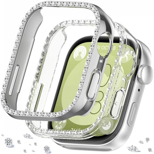 DEALELE [2-pack] bling, klockfodral, kompatibelt med Huawei Watch FIT 3, glitter, enkel rad diamant, PC, skyddande fodral, ersättning, klockskydd, stötfångare för Huawei Fit 3 Watch (silver
