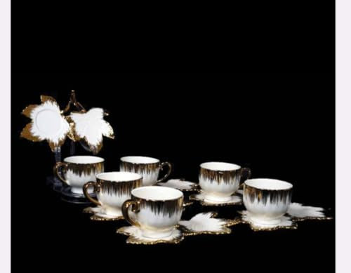 Service à Thé Élégant, 6 Tasses en Porcelaine avec Soucoupes, Motif Dégradé Or et Blanc, Style Luxueux