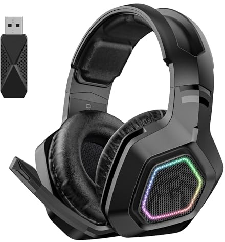 Walfront Le Casque de Jeu sans Fil avec Bluetooth et 3,5 Mm Connexions Filaires Le Casque de Personnalisation D'éclairage Comprend Un Adaptateur 2.4g pour PC Ordinateur (Black)