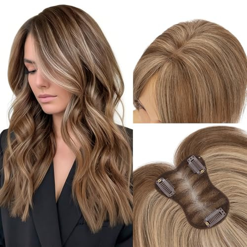 MY-LADY Haartopper Echthaar für Frauen 21g Mittelbraun/Dunkelblond Leicht Hair Topper Clip in Extensions Natürliche - für Dünnes Haar Ohne Pony (#4p27)