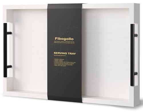 Fibogollo Bamboo Serving Tray with Metal Handles,38x25cm Ottoman Decorative Trays Platter for Coffee Table,Living Room,Bar,Party,Small(White)