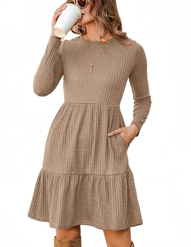 Zeagoo Jumper Dress for Women Round Neck Long Sleeve Tunic Dresses Knee Length Autumn Winter Dresses Khaki XL