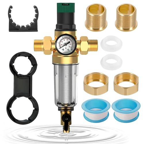 Druckminderer Wasser 3/4 Zoll Druckminderer Druckluft mit Rückspülfilterund und Manometer Wasserdruck Druckluft Wasserabscheider Geeignet für Hauswasserfilter Waschmaschinen und Wasserhähne