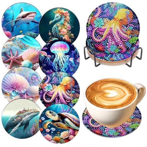 CZXCV 8 Stück Diamond Painting Untersetzer Set mit Halter, Meeresbewohner | Diamant Malerei Tassenuntersetzer, mit Korkbasis, Rutschfest, Wiederverwendbar, Bastelset, DIY Geschenkidee