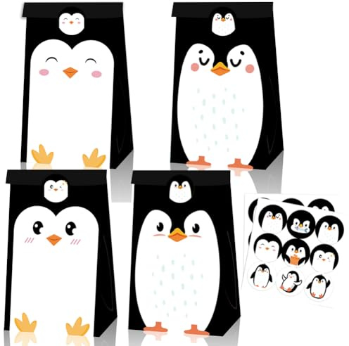 SUNSK Pinguin Geschenktüten Tier Papier Partytüten Candy Tüten Süssigkeiten Beutel Kindergeburtstag Mitgebsel Tüten mit Aufkleber für Weihnachten Geburtstag Hochzeit Party Dekoration 12 stk (Schwarz)