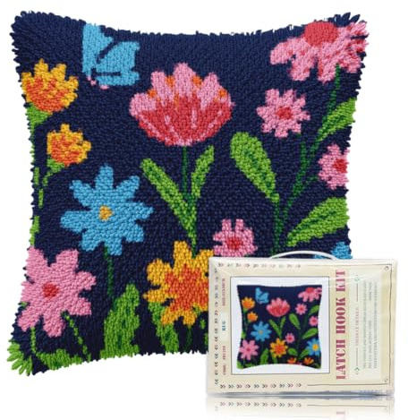 FREEBLOSS Latch Hook Pillow Kits Flowers Printed Pillowcase Latch Hook Kits for Beginners Adults DIY Pillow Cover for Handmade Cushion Decoration Sofa 17x17