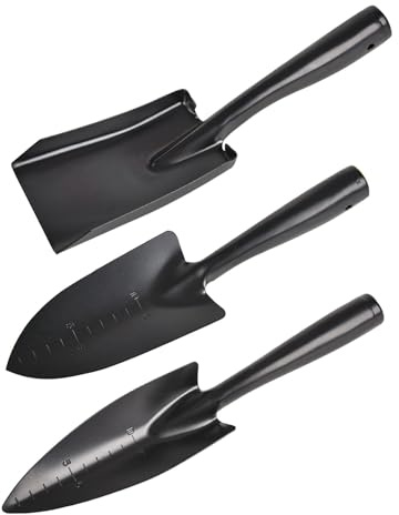 Angoily Lot de 3 Set de Bêches de Jardin en Acier Manganèse Noir Pelle Large Pelle Étroite avec Échelle Graduée Outils de Plantation à Main Compacts Légers pour Jardinage de