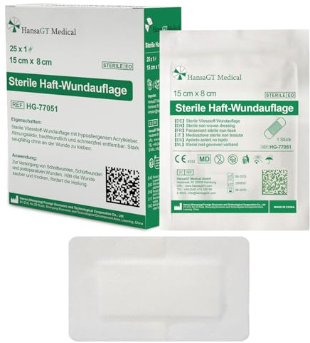 HansaGT Medical Steril Wundpflaster 15cm x 8cm, Steriler Wundverband für sensible Haut, Sensitiv & Selbstklebend Schützt bei Schnittwunden Kratzern zur äußeren Einzeln verpackt 25 Stück