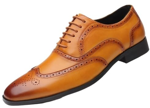 Mens Dress Shoes Wingtip Full Brogue Oxford Tan Brown Leather Shoes Retro British Style Formal Derby Business Wedding Party Footwear(8.5)