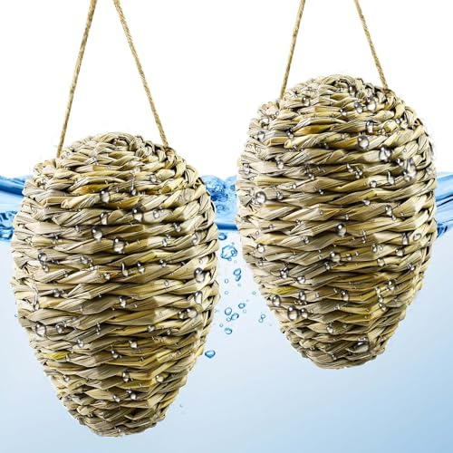 2 PCS Woven Reed Crochet Wasp Nest Decoy, 10×4 Inch Waterproof Fake Hornet Nest Decoy Artificial Faux Hanging Hornets Hive Nest Decoration Wasp Repellentt for Outdoor Garden Patio Farm Eaves Yard Home