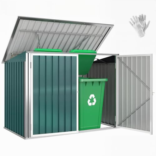 Outsunny Cache Poubelle Extérieur Double Abri Jardin 2 Poubelles 240L Vert | Acier Galvanisé, Couvercle Lié par Chaînes, Vérins à Gaz, Portes Verrouillables, Coffre de Jardin, 179,5x108x129,5cm