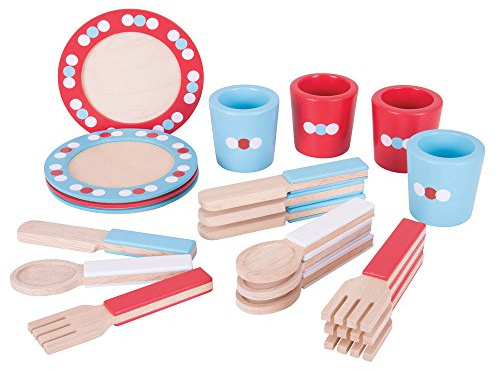 Bigjigs Toys Role Play Dinner Service Tea Set - Kids Tea Set with Toddler Cutlery, Toy Kitchen Accessories for Wooden Play Kitchen, Toy Plates and Cutlery Set