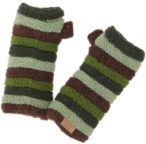 GURU SHOP Geringelte Handstulpen aus Nepal, Pulswärmer aus Wolle | Schurwolle, weiches Fleece-Futter, extra Daumen, warm und komfortabel, unisex, ideal für kalte Tage