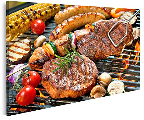 islandburner Bild auf Leinwand Grill Fleisch Wurst Gemüse Grillzange Bilder Wandbilder Poster