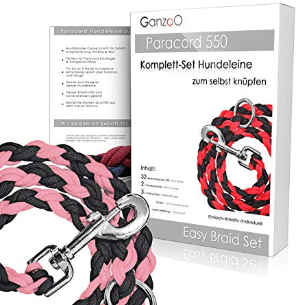 Ganzoo Paracord 550 Hundeleinen-Bastelset zum Selberknüpfen, DIY Geschenkset, Nylonseil 4 mm (2x8 m), 2 Karabiner 80 mm, 3 O-Ringe 25 mm, Anleitung per QR, verstellbar, Pink