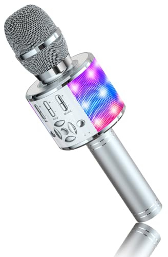 Trådlös karaoke-mikrofon för barn, magiskt ljud, 4-i-1, bluetooth, karaokemaskin, vuxen, bil, mikrofon, sångmaskin, för fest/utomhus/resor (silver)