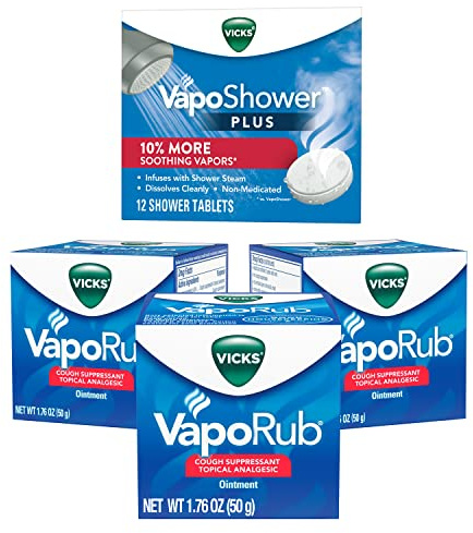 Vicks VapoRub, Chest Rub Ointment, Relief from Cough, Cold w/Original Medicated Vapors, 1.76 OZ (3 Pack) VapoShower Plus, Shower Bomb Tablets, Soothing Non-Medicated Vapors, 12 Tablets