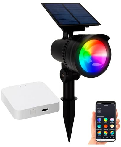 Lunartec Smarter Solar LED Spot: RGB-CCT-LED-Spot mit Bluetooth, 50 lm, 1 W, IP44 inkl. Gateway (LED Solarstrahler mit Erdspieß, Gartenstrahler mit Bluetooth, Gartenleuchte Standleuchte)