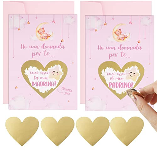 COLOFALLA 2 Set Rubbelkarte Patentante Patenonkel Paten fragen auf Italienisch mit Umschlag zur Taufe (Rosa)