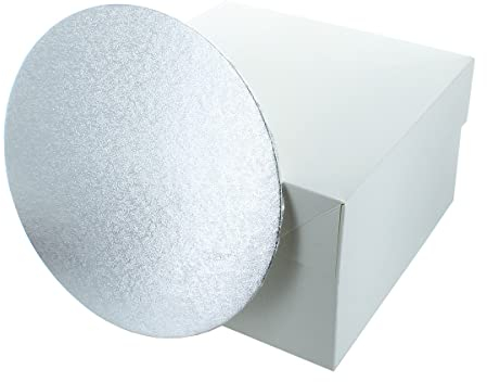 Culpitt 8 Round Silver Cake Card & White Box Combo, 3mm Turned Edge Board and For Sponge Cakes, Muffins, Cupcakes