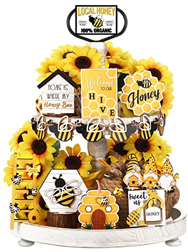 Amyhill 15 Pcs Bee Tiered Tray Decor Summer Tiered Tray Decorations Set Beehive Honeycomb Decor Honey Bee Wooden Signs Rustic Farmhouse Kitchen Decorations for Home Office Tabletop Shelf Coffee Bar