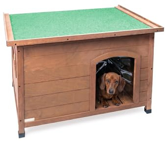 Aqpet Friends - Caseta de Madera de Exterior para Perros con Techo abatible y Cortinas térmicas Incluidas, tamaño pequeño, 85 x 60 x 58 cm