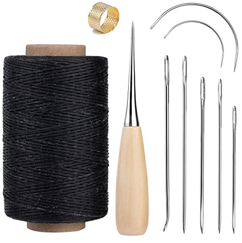 SUVSOON Kit di filo cerato per la riparazione di tappezzeria, 270 m, con ago da cucito, punteruolo, ditale, set da cucito per la riparazione di scarpe, tappeti, divani, sedili, colore: nero