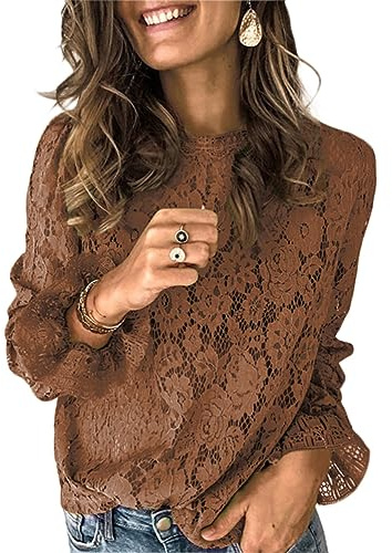 ORANDESIGNE Camicia in Pizzo Donna Autunno Camicia Elegante Collo Alto Shirt Pizzo a Manica Lunga Maglietta Formale Camicia Maniche a Sbuffo Casual Leggera Camicetta Lace Blusa B Marrone L